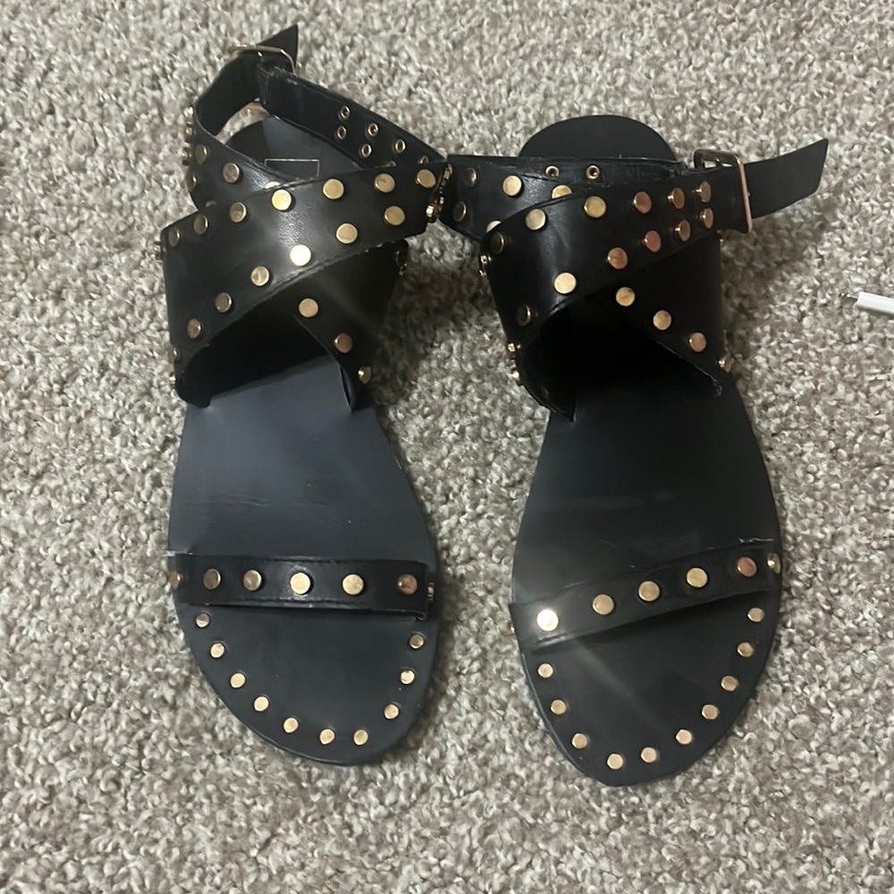 Black and gold ankle wrap around sandals